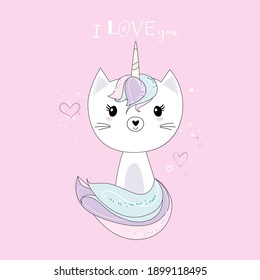 Cute little white cat unicorn or caticorn. Pastel soft colors. Vector illustration on pink background.