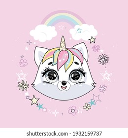 Cute little white cat unicorn or caticorn head in round frame with flowers and stars and with rainbow. Pastel soft colors.