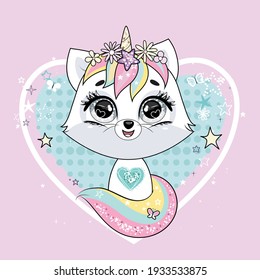 Cute little white cat unicorn or caticorn. Pastel soft colors. Vector illustration on pink background.