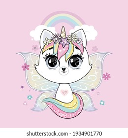 Cute little white cat unicorn or caticorn with butterfly wings over background with rainbow. Pastel soft colors.