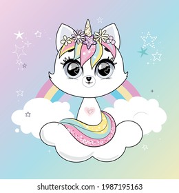 Cute little white cat unicorn or caticorn over background with rainbow. Pastel soft colors. Vector. svg