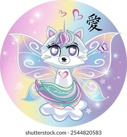 Cute little white cat unicorn with butterfly wings over background with rainbow. Pastel soft colors. Japanese hieroglyph means Love. Anime style.