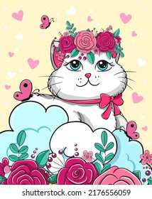 Cute little white cat. Vector animal illustration