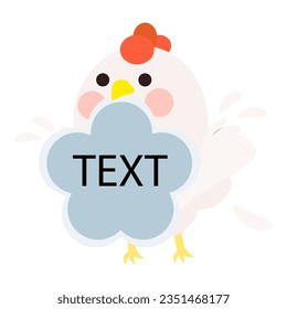 Cute little white chick bite with text memo note, trying to fly with wing raise. Isolated on white background, EPS10 vector