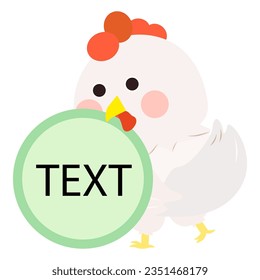 Cute little white chick bite with text memo box, white chicken standing pose. Isolated on white background, EPS10 vector