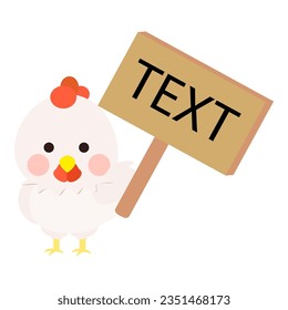 Cute little white chick holding text memo wood board, chicken front face. Isolated on white background, EPS10 vector