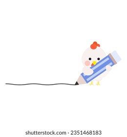 Cute little white chick holding pencil, white chicken writing drawing line Isolated on white background, EPS10 vector