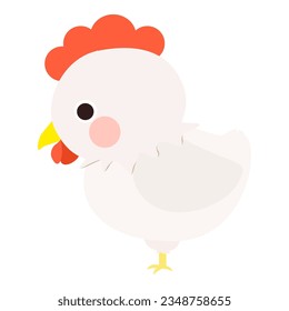 Cute little white chicken, full body, standing and looking down, side face. Isolated on white background, EPS10 vector