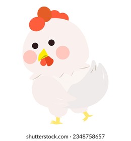 Cute little white chicken, full body, standing, look back pose. Isolated on white background, EPS10 vector