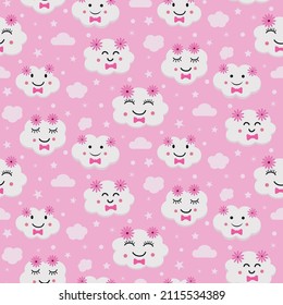 Cute little white clouds seamless pattern with flowers and bow tie on plush pink background. Great for kids textile, baby shower and nursery wall 