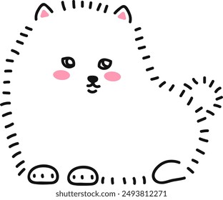 Cute little white dog lies and looks. Fluffy dog, puppy pomeranian spitz. Doodle drawing by hand. Linear graphics. Vector illustration isolated on transparent background.