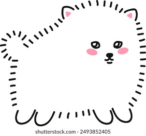 Cute little white dog line drawing. Fluffy dog, puppy pomeranian spitz puppy. Doodle drawing by hand. Linear graphics. Isolated vector illustration.