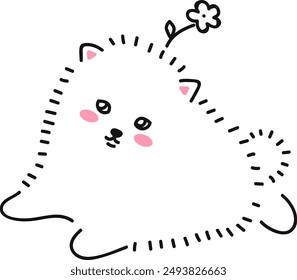 Cute little white dog lying. Fluffy dog, puppy pomeranian spitz puppy with a flower on his head. Doodle drawing by hand. Linear graphics. Isolated vector illustration.