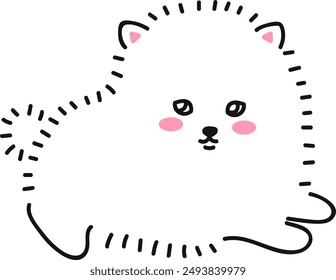 Cute little white dog lying rest. Fluffy dog, puppy pomeranian spitz puppy. Doodle drawing by hand. Linear graphics. Isolated vector illustration.