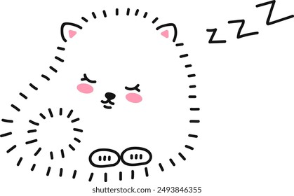 Cute little white dog lying sleep. Fluffy dog, puppy pomeranian spitz puppy. Doodle drawing by hand. Linear graphics. Isolated vector illustration.