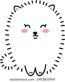 Cute little white dog sitting smiling. Fluffy dog, puppy pomeranian spitz puppy. Doodle drawing by hand. Linear graphics. Isolated vector illustration. 