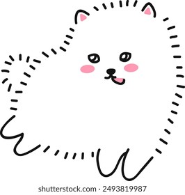 Lindo perrito blanco con la lengua fuera. Perro esponjoso, cachorro pomeranian spitz. Dibujo de garabatos a mano. Gráficos lineales Ilustración vectorial aislada.