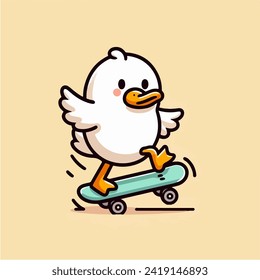 cute little white duck cartoon character mascot skateboarding