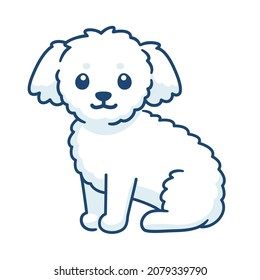 Cute little white fluffy dog. Bichon puppy drawing, simple vector illustration.