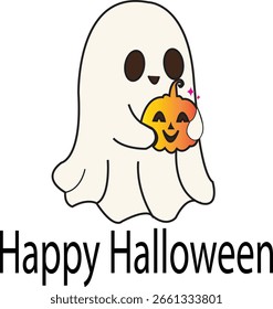 A cute little white ghost stands holding a pumpkin in its hand.