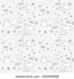 Cute Little White Kawaii Style Baby Sheep with Crescent Moon and Stars Dreamy Scene Sleepy Baby Gray and White Seamless Pattern