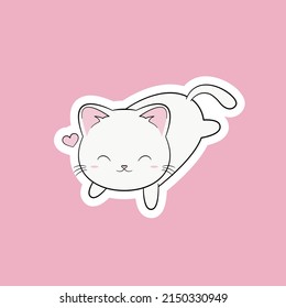 Cute little white kitty lying on baby pink background. Kawaii animal. Cartoon funny baby character. Kids print for sticker, poster, t-shirt. Flat design.