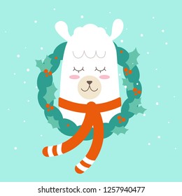 Cute little white lama with christmas wreath. Lama wearing red scarf