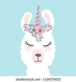 Cute  little white lama head with flower crown. Vector hand drawn illustration for card and shirt design, fabric textile.