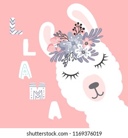 Cute  little white lama head with flower crown. Vector hand drawn illustration for card and shirt design, fabric textile.