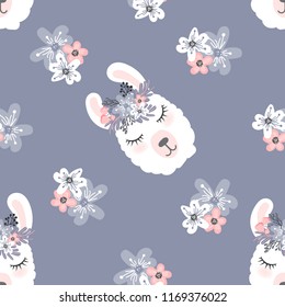 Cute  little white lama head with flower crown. Vector hand drawn seamless pattern for card and shirt design, fabric textile.