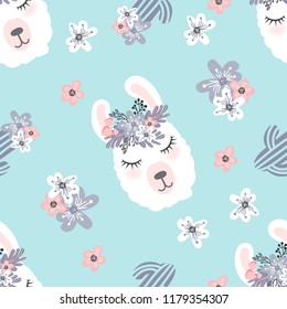 Cute  little white lama head with flower crown. Vector hand drawn seamless pattern for card and shirt design, fabric textile.