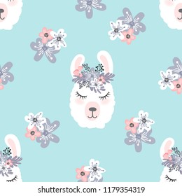 Cute  little white lama head with flower crown. Vector hand drawn seamless pattern for card and shirt design, fabric textile.