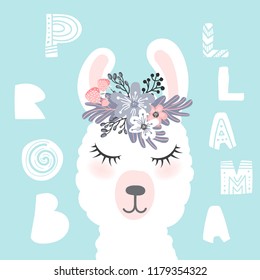 Cute  little white lama head with flower crown. Vector hand drawn illustration for card and shirt design, fabric textile.