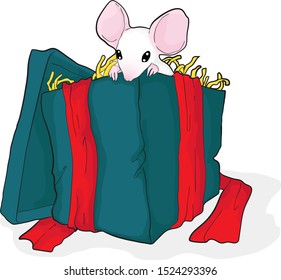 Cute little white mouse in gift box in blue color with red bow new year 2020 symbol in cartoons style. Hand draw vector illustrations of little mice symbol of tradition chinese new year