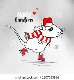 Cute Little white Mouse is skating. She is in a striped scarf and in a Santa's cap. Merry Christmas – lettering quote. New Year card, t-shirt composition, handmade vector illustration.