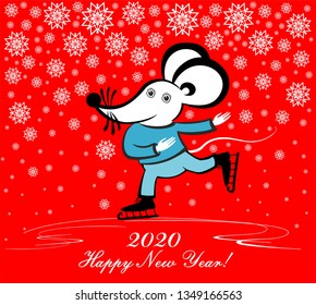 Cute Little White Mouse is skating. Concept image of symbol chinese happy new year 2020. Wild rat. Lunar horoscope sign. Art design celebrate party invitation template.  Vector illustration