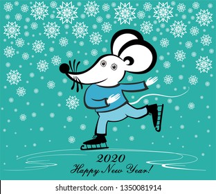 Cute Little White Mouse is skating. Concept image of symbol chinese happy new year 2020. Wild rat. Freehand drawn silhouette small mouse. Lunar horoscope sign. New Year card, t-shirt composition. 