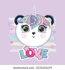 Cute little white panda unicorn. Pastel soft colors.