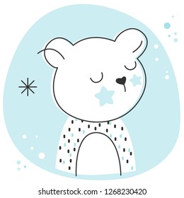 Cute little white polar bear with adorable stars cheeks. Sleep and calm animal simple vector flat illustration on blue background with snowflakes. Winter frozen Christmas theme or for boy baby shower