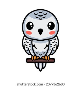 Cute little white polar owl cartoon on tree branch