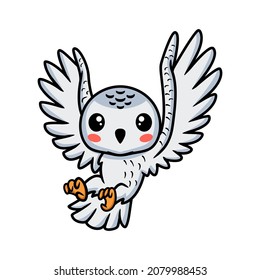 Cute little white polar owl cartoon flying