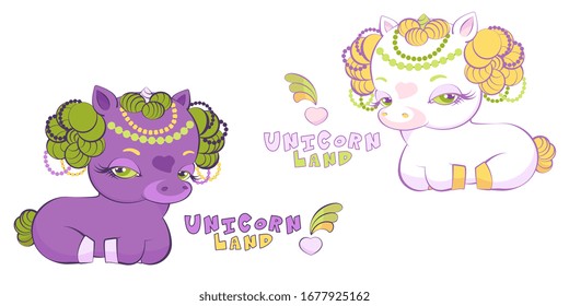 Cute little white and purple princess unicorns