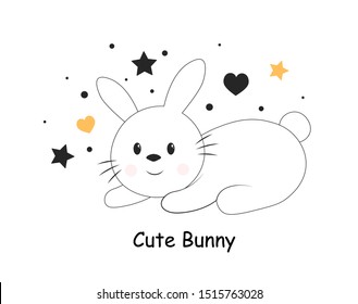 Cute little white rabbit with heart and stars around on white background with text Cute Bunny. Abstract the outline of a rabbit. Vector illustration.