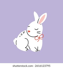 Cute little white rabbit sitting on a purple background. Vector illustration drawn in doodle style