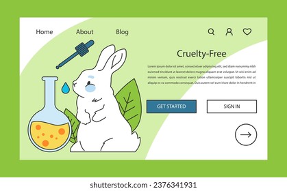 Cute little white rabbit web banner or landing page. Cruelty free sustainable development, animals rights. Vegan or vegetarian lifestyle and love for animals. Flat vector illustration