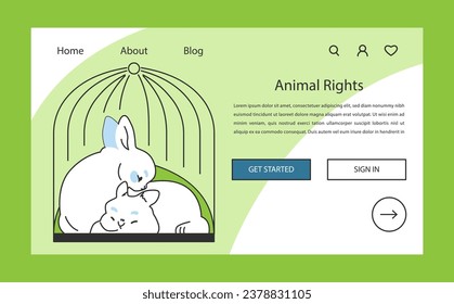 Cute little white rabbit web banner or landing page. Cruelty free sustainable development, animals rights. Vegan or vegetarian lifestyle and love for animals. Flat vector illustration