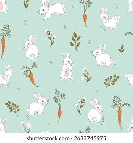 Cute Little White Rabbits Vector Seamless Pattern