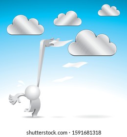 Cute little white Simplified man try to save the document to a high and tall cloud storage.