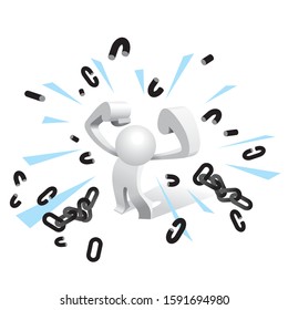 Cute little white Simplified man show you the important of freedom by breaking all the chains that symbolic constraints.