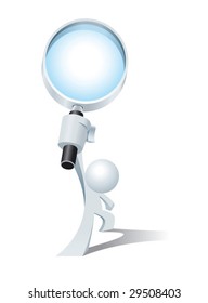 Cute little white Simplified man holding a big magnifier glass.